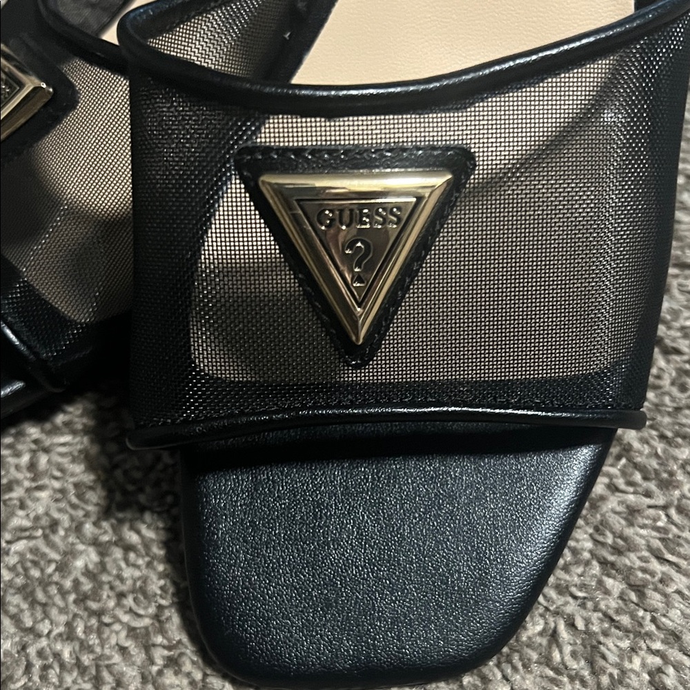 GUESS Black Mesh Slip-On Mules with Gold Logo Triangle